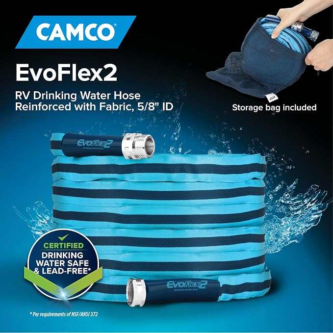Camco EvoFlex2 50-ft RV Drinking Water Hose | Lightweight RV Drinking Water Hose Reinforced w/ Fabric - Contains No Lead, No BPA & No Phthalate -Abrasion Resistant (22579)