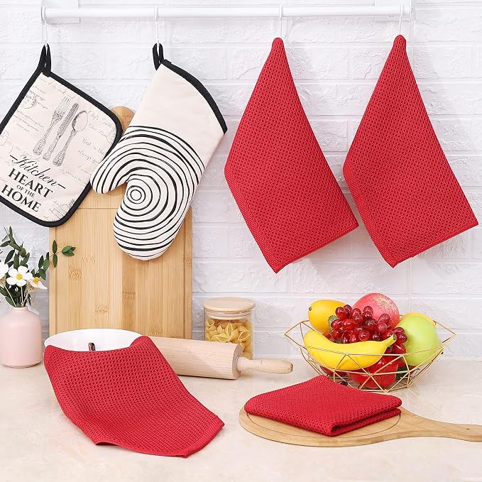 Homaxy 100% Cotton Waffle Weave Kitchen Dish Cloths 8-Pack, Red | 12 x 12 Inches, Ultra Soft Absorbent Dish Towels, Quick Drying Dish Rags with Hanging Loop
