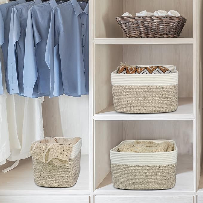 XUANGUO Woven Cotton Rope Storage Baskets 15x10x9.3" 3 Pack White and Brown | Decorative rectangular storage baskets for shelves and closets; storage bins organize clothes, toys, books and nursery items.