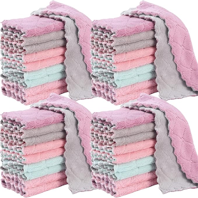 32 Pack Kitchen Dish Cloths Dish Towels, Super Soft and Absorbent Coral Fleece Cloth, Coral Velvet Microfiber Cleaning Cloth, Nonstick Oil Washable Fast Drying Dish Rags for Clean Table, Dish, Glass.