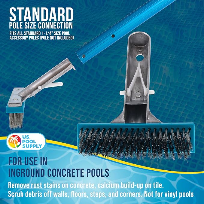 U.S. Pool Supply 5" Pool Brush Head for Inground Pools, Stainless Steel | Pool Brush, Metal Wire Bristles, Scrubbing Scrubber Brushes - Remove Calcium Build-Up on Tiles, Rust Stains on Concrete Walls