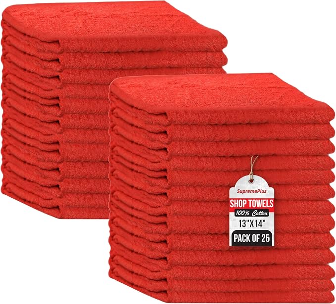 Premium 100% Cotton Shop Towels, 25 Pack, 13”x14”, Reusable Red Shop Rags, Multipurpose Cleaning Rags for Oil, Grease, Mechanics, Auto Detailing, Painting, Industries, Garage, and Home Use