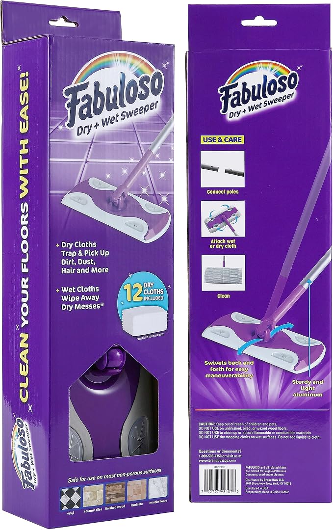 Fabuloso Dry and Wet Sweeper, 2-in-1 Floor Dust Mop for Dry Sweeping and Light Wet Mopping, Lightweight Aluminum Handle, Swivel Low-Profile Head, Bonus 12 Dry Pads Included - 12 Pack