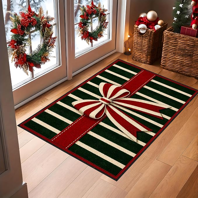 Christmas Bow Rug 15.7x23.6 in, Faux Cashmere Non Slip Floor Mat (Striped Bow, 15.7x23.6inch)