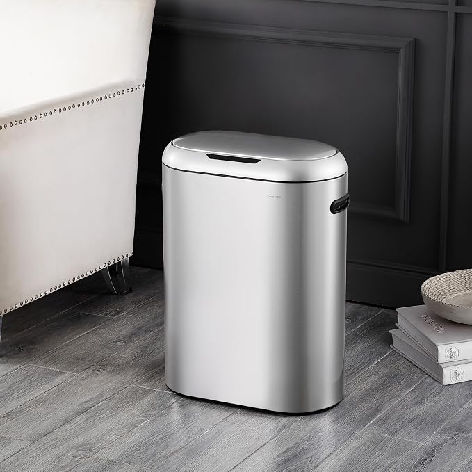happimess 13.2 Gal Oval Motion Sensor Trash Can, Platinum Silver | Oval, Motion Sensor, Touch Mode, Fingerprint Resistant, Stainless Steel, Soft Close Lid, 17.7" W x 9.84" D x 24.2" H