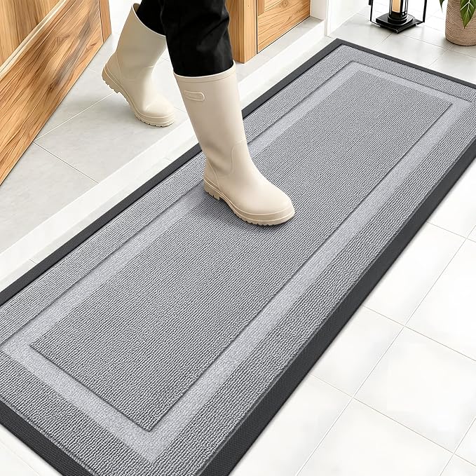 OLANLY Front Door Mat Outside 47x17, All-Season Heavy-Duty Rubber Doormat | Silver Gray, Absorbent, Stain Fade Resistant, Waterproof Non-Slip Backing, Low-Profile Indoor Outdoor Floor Mat for Entryway