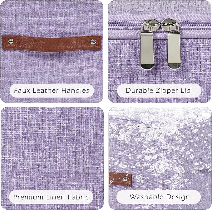 2PCS Storage Bins with Zipper Lids Decorative Lidded Basket Box | Clothes Container, Closet Shelf Organizer, Foldable Washable, Cotton Linen Fabric, w/ PU Leather Handles, Purple, Large