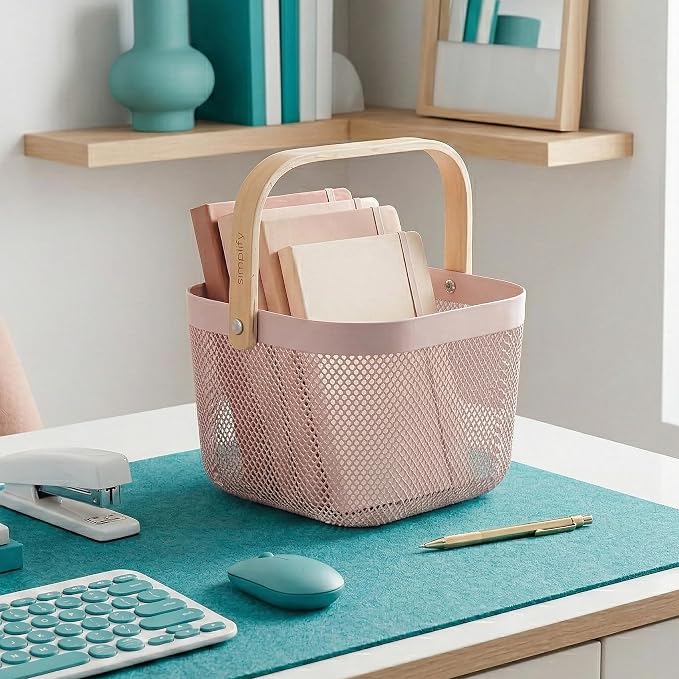 Simplify Small Mesh Storage Basket with Wooden Handle | Blush Color | Plastic Organizer Bin | Pantry Organization | Cabinet Storage