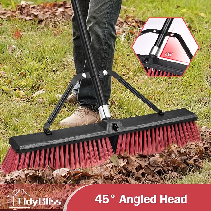 TidyBliss 24” Push Broom Outdoor Heavy Duty, Large Commercial Stiff Bristle Brush with 63 inches Long Handle for Garage Shop Garden Yard Patio Deck Street Warehouse Lawn Driveway (Red)