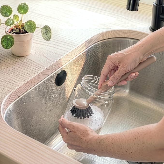 Earth & Mango Magnetic Dish Brush & Scraper, Snaps to Sink, Cacao Brown