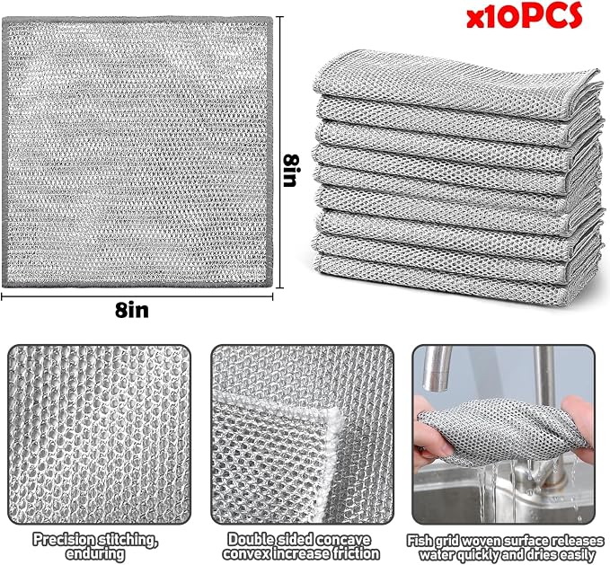 XANGNIER 10 Pcs Multipurpose Wire Dishwashing Rags for Wet and Dry,2024 New Multifunctional Non-Scratch Wire Dishcloth,Wire Cleaning Cloth,Non Scratching Metal Wire Rag for Kitchen,Counter,Dishes,Sink | Multipurpose Steel Wool Cleaning Cloths,Wet & Dry...