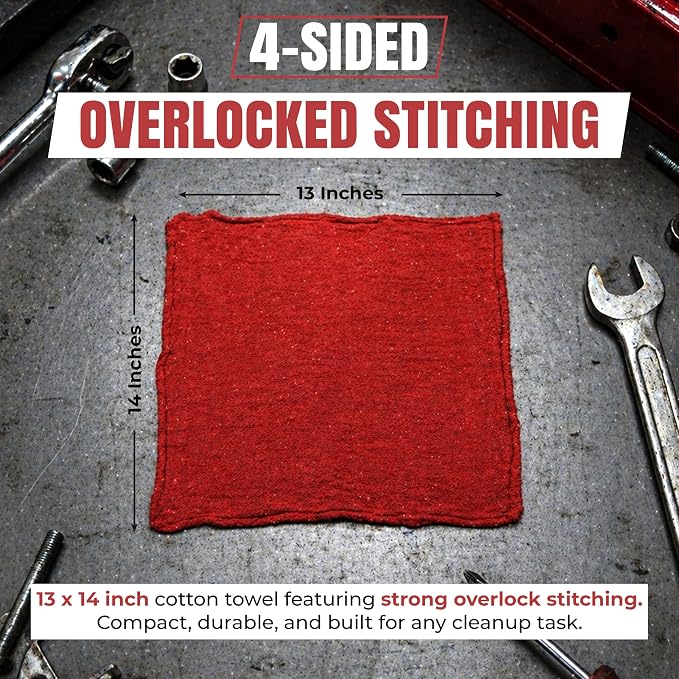 Premium 100% Cotton Shop Towels, 25 Pack, 13”x14”, Reusable Red Shop Rags, Multipurpose Cleaning Rags for Oil, Grease, Mechanics, Auto Detailing, Painting, Industries, Garage, and Home Use