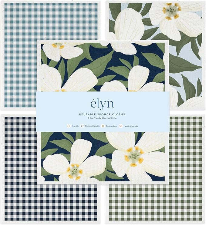 ELYN Swedish Dishcloths, Reusable & Washable Sponge Cloths, Absorbent Cleaning Paper Towels for Kitchen, Dishes, Counters and More, 5 Pack, Assorted Magnolia & Gingham Patterns