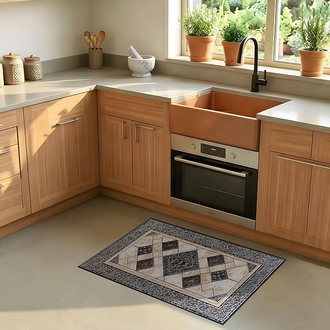 Vintage Geometric Mosaic Rug 15.7x23.6 Inch, Faux Cashmere Non Slip Small Area Rug, Decorative Indoor Floor Mat for Entryway Bedroom Kitchen (Geometric Grid, 15.7x23.6inch)