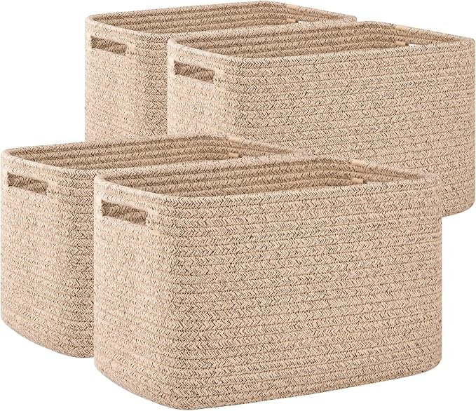OIAHOMY 4 Pack Storage Baskets for Organizing 24L Cube Storage Bins Brown | Woven Baskets for Storage Rectangle Small Baskets With Handles Baskets for Shelves Wicker Baskets for Shelves 16x12x8inch