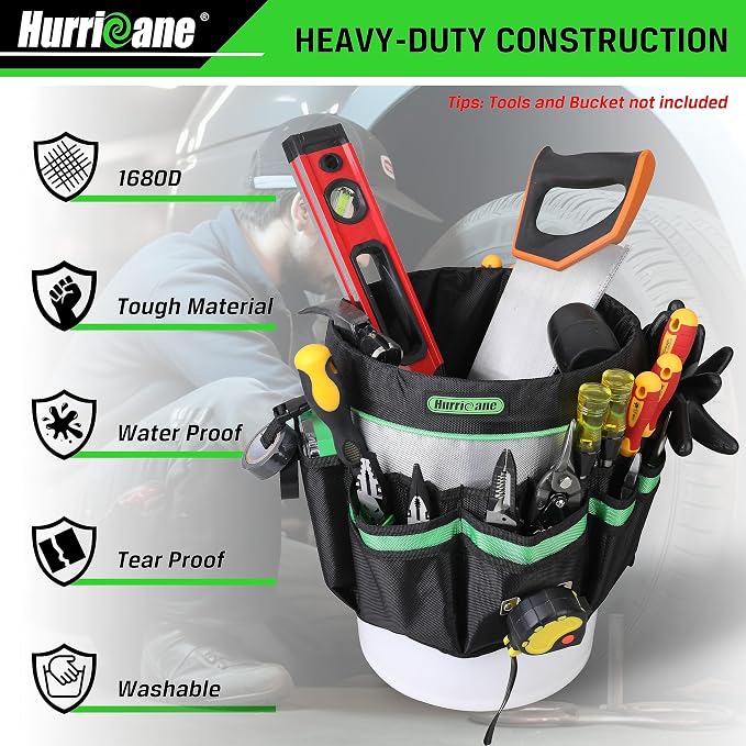 HURRICANE 5 Gallon Bucket Tool Bag Organizer, Garden Tool Caddy with 52 Pockets, Waterproof for Most Buckets