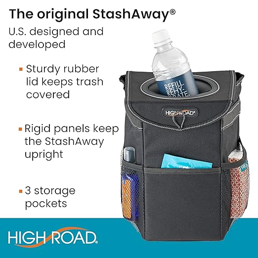 High Road StashAway Heavy Duty Car Trash Can with Rubber Lid | Leakproof Car Garbage Can With 3 Storage Pockets and Sturdy Panels for Stable Floor or Hanging Seatback Use