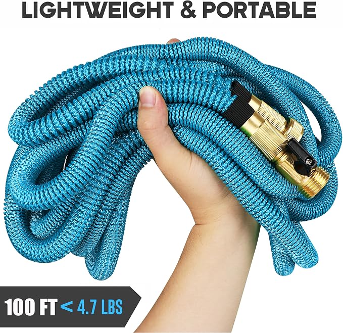 Expandable Garden Hose 100 ft with 10 Function Nozzle Sprayer, Lightweight Flexible Water Hose with Durable Collapsible Latex Core & Solid Brass Fittings, 100ft Retractable Stretch Hose, Blue