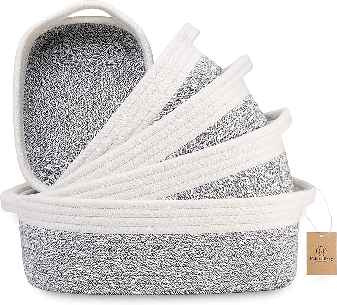 NaturalCozy 5-Piece Rectangle Storage Basket Set- Natural Cotton Rope Woven Baskets for Organizing! Small Basket for Montessori, Baby Nursery, Dog Toy Baskets, Cat Toy Box, Bathroom Organization Bin