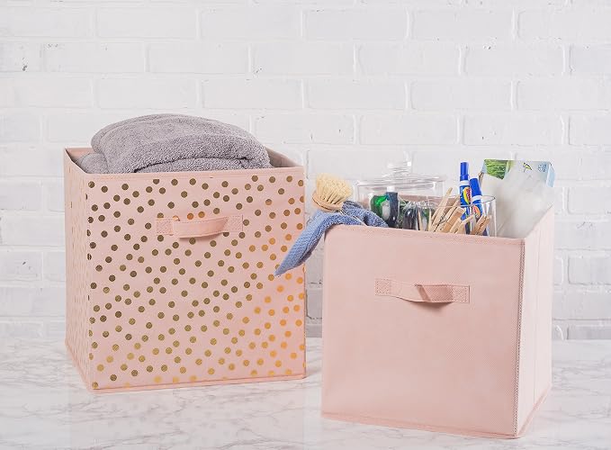 DII Woven Polyester Storage Bin, Polka Dot, Pink & Gold, Small Set of 2