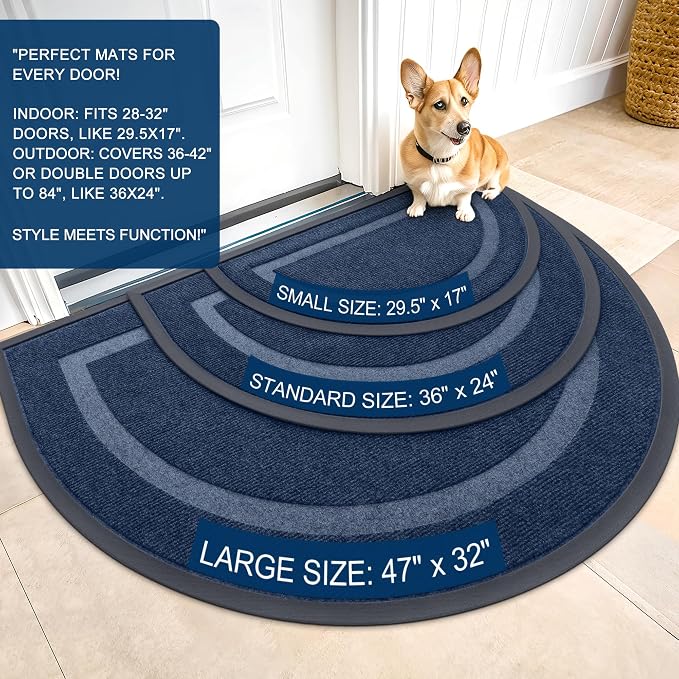 OLANLY Half Circle Front Door Mat Outside 29.5x17 All-Season Rubber Doormat | Blue, Absorbent, Heavy-Duty, Stain and Fade Resistant, Waterproof Non-Slip Backing, Low-Profile Indoor Outdoor Entryway Mat