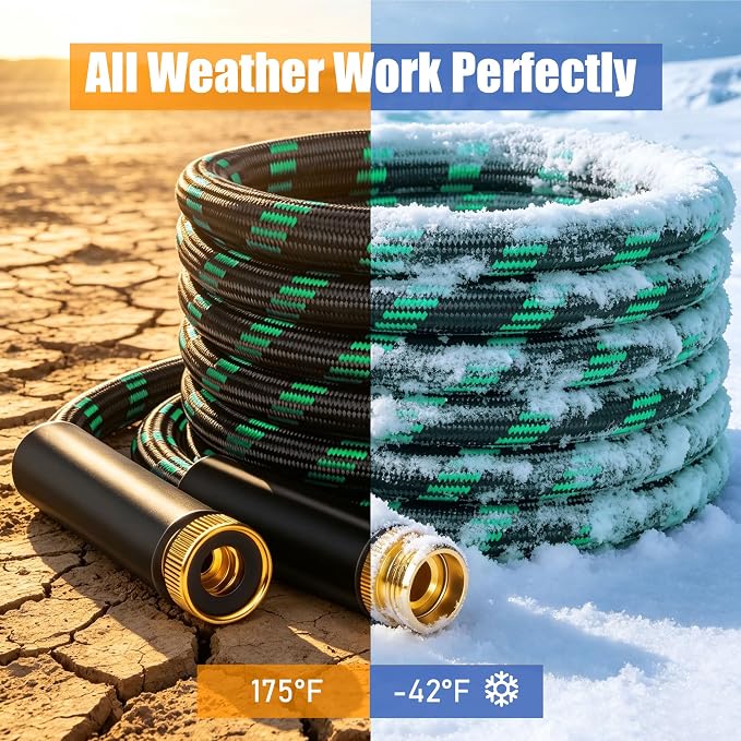 Garden Hose 25FT, Ultra Lightweight with 10-Function Nozzle | Kink-free & leak-proof 25FT hose. Ultra-lightweight 2.8 lbs, durable fittings, 10-pattern nozzle. Includes 3 extra washers.