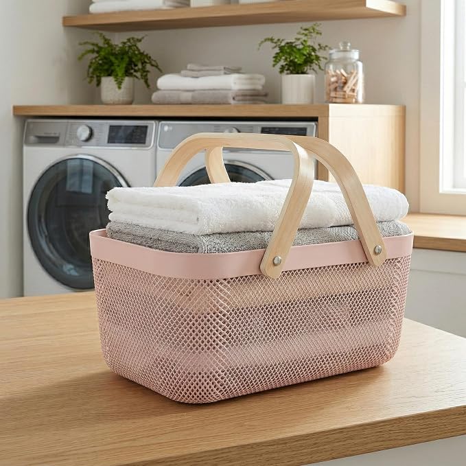 Simplify Large Mesh Plastic Storage Basket with Wooden Handle Blush Color | Garden Harvest Organizer | Kitchen Pantry Storage Bin