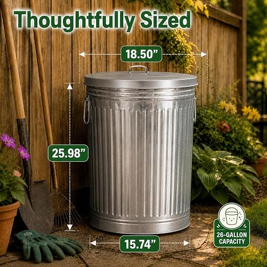 Gardenised Round Galvanized Steel, 26 Gallon Trash Can with Lid - Durable Metal Bucket for Backyard, Lawn, Garden and Yard Use - Weather-Resistant Garbage Can for Indoor and Outdoor, 28-inch