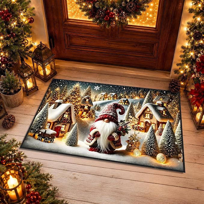 Christmas Gnome Area Rug 15.7x23.6 Inch, Faux Cashmere Non Slip Floor Mat, Snowy Village Holiday Rug for Entryway Bedroom Kitchen (Snowfield Gnomes, 15.7x23.6inch)