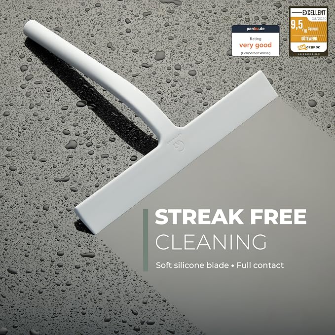 Silicone Shower Squeegee with 3-in-1 No-Drill Mount, White, 9'' | Squeegee for Glass Doors & Mirrors with Stainless Steel Core, Streak-Free & No-Squeak Window Cleaning, Hook/Suction/Adhesive
