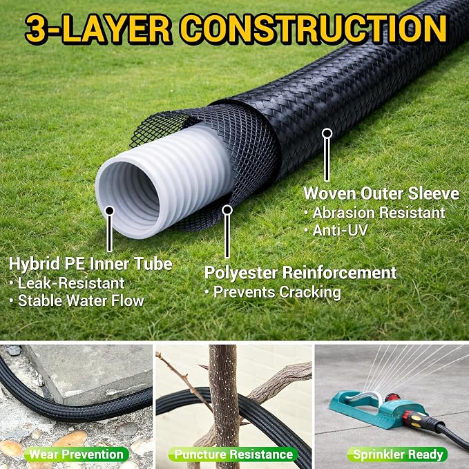 TheFitLife 100 FT Garden Hose, Heavy Duty, Lightweight, No Kink, Flexible | 100ft Long Non-Expandable Water Hose Pipe with Nozzle, Outdoor Full Property Coverage without Compromise, 1/2 ID x 100 Feet