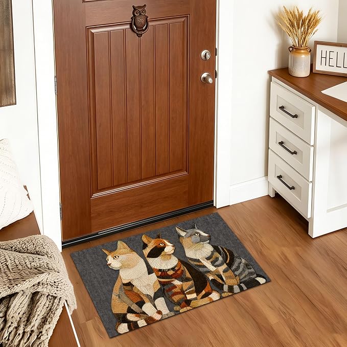Three Cats Area Rug 15.7x23.6 Inch, Faux Cashmere Non Slip Floor Mat, Vintage Cat Decorative Rug for Entryway Bedroom Kitchen (Three Cats, 15.7x23.6inch)