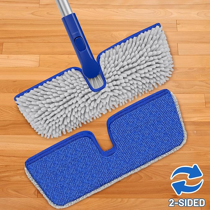 2-Sided Microfiber Dust Mop for Hardwood Floors & Walls | Flat Flip Head, Wet Dry Use, 3 Chenille & Microfiber Pads, 58" Handle, 360° Swivel, Sweep Pet Hair, Tile, Laminate, Kitchen