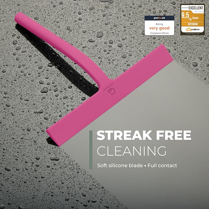 Silicone Shower Squeegee with 3-in-1 No-Drill Mount, Pink, 11'' | Squeegee for Glass Doors & Mirrors with Stainless Steel Core, Streak-Free & No-Squeak Window Cleaning, Hook/Suction/Adhesive