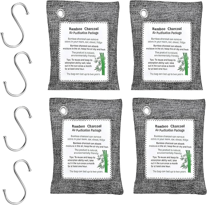 Bamboo Charcoal Air Purifying Bags (4-Pack, 200g Each) – Natural Odor Eliminator & Moisture Absorber for Home, Car, Closets, Bathrooms – Eco-Friendly, Reusable Deodorizer