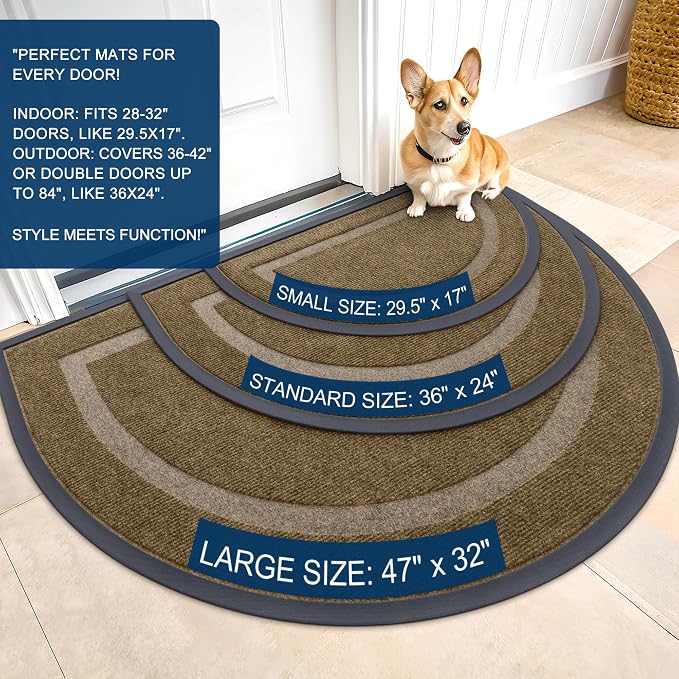 OLANLY Half Circle Front Door Mat Outside 47x32 All-Season Rubber Doormat | Brown, Absorbent, Heavy-Duty, Stain and Fade Resistant, Waterproof Non-Slip Backing, Low-Profile Indoor Outdoor Entryway Mat