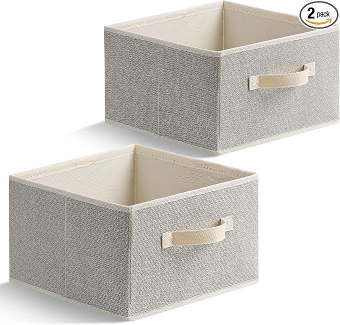11 inch Storage Baskets, Woven Fabric Bins, Storage Cubes with Reinforced Handles, Organizer Bins for Closet Shelves, Foldable, for Clothes (Beige, 2PCS/11*11*7.8inch)