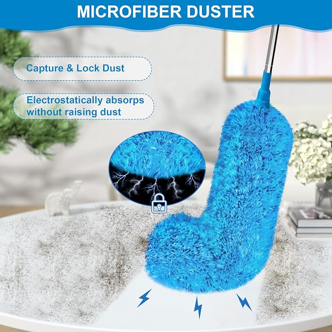 JEHONN Duster with Extension Pole 100 inches for Cleaning High Ceiling Fan, Extendable Long Handle Microfiber Feather Dust Remover, Telescoping Dusting Tool for AC Vent Cobweb House Exterior Interior