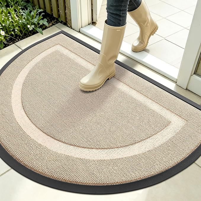 OLANLY Half Circle Front Door Mat Outside 35x23 All-Season Rubber Doormat | Off-White, Absorbent, Heavy-Duty, Stain Fade Resistant, Waterproof Non-Slip Backing, Low-Profile Indoor Outdoor Entryway Mat