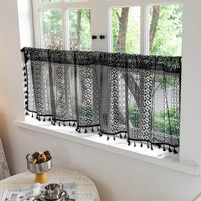 Sutuo Home Boho Valance Curtains for Kitchen Crochet Lace Sheer Bohemian Hollow Knitted with Tassels, Privacy Vintage Rustic Gothic Farmhouse Drapes, Rod Pocket 1 Panel 59" W x 18" L, Black