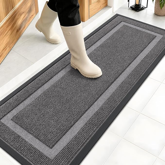 OLANLY Front Door Mat Outside 47x17, All-Season Heavy-Duty Rubber Doormat | Dark Grey, Absorbent, Stain Fade Resistant, Waterproof Non-Slip Backing, Low-Profile Indoor Outdoor Floor Mat for Entryway