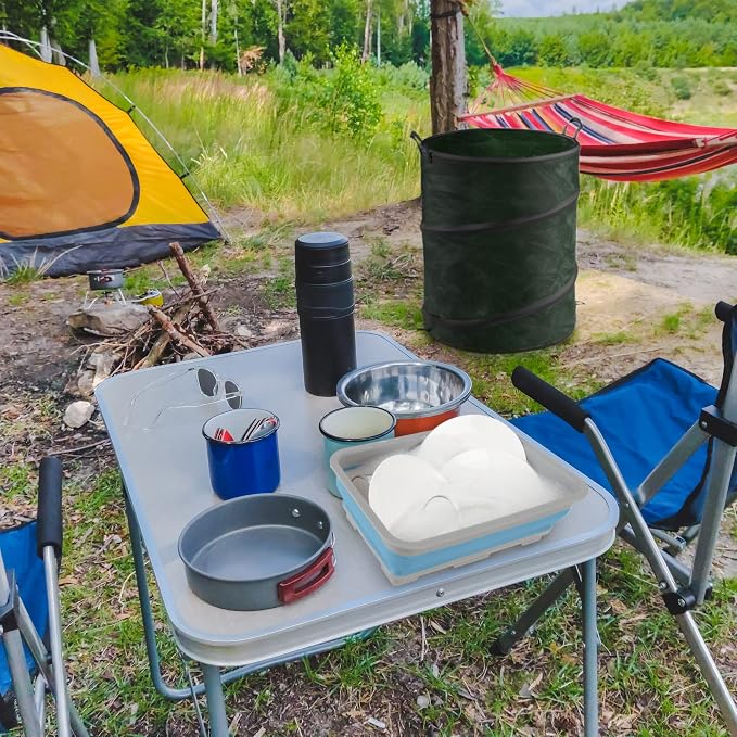 Wakeman Collapsible Trash Can and Camp Sink Set - 29.5-Gallon Garbage Bin and 7-Liter Wash Basin - Camping Accessories Outdoors (Blue and Green)