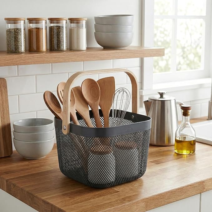 Simplify Small Mesh Storage Basket with Wooden Handle | CHARCOAL Color | Plastic Organizer Bin | Pantry Organization | Cabinet Storage