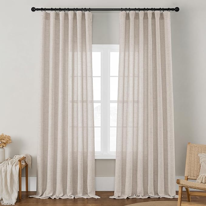 Semi Sheer Privacy Linen Curtains 98 Inches Long Tan Beige 2 Panels | Farmhouse Curtains, for Living Room Bedroom, 98 Inch Length Drapes, with Rod Pocket, Hook Belt, Light Filtering, W50 x L98
