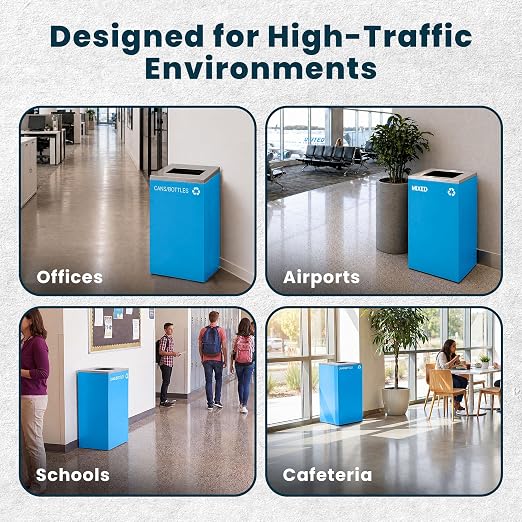 Alpine Commercial Indoor Recycle Bin with Lid - 29 Gallon Blue Recycle Bin Recycle Trash Can Office Recycling Bins, Metal Recycling Container with Stickers & 3 Optional Lids Sold Separately