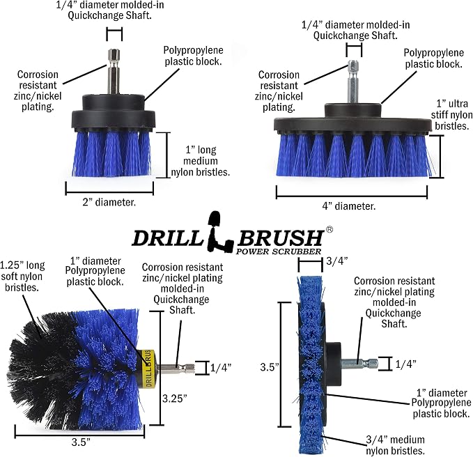 Drillbrush Blue - Boat Cleaning Drill Brush Attachment Set - Aluminum | Wood - Personal Watercraft Detailing - Fiberglass Hull Cleaning Kit - Kayak Accessories - Deck Brush