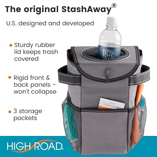 High Road StashAway Heavy Duty Car Trash Can with Rubber Lid | Gray Car Garbage Can with 3 Storage Pockets and Sturdy Panels - Sits Behind the Console or Hangs from the Headrest