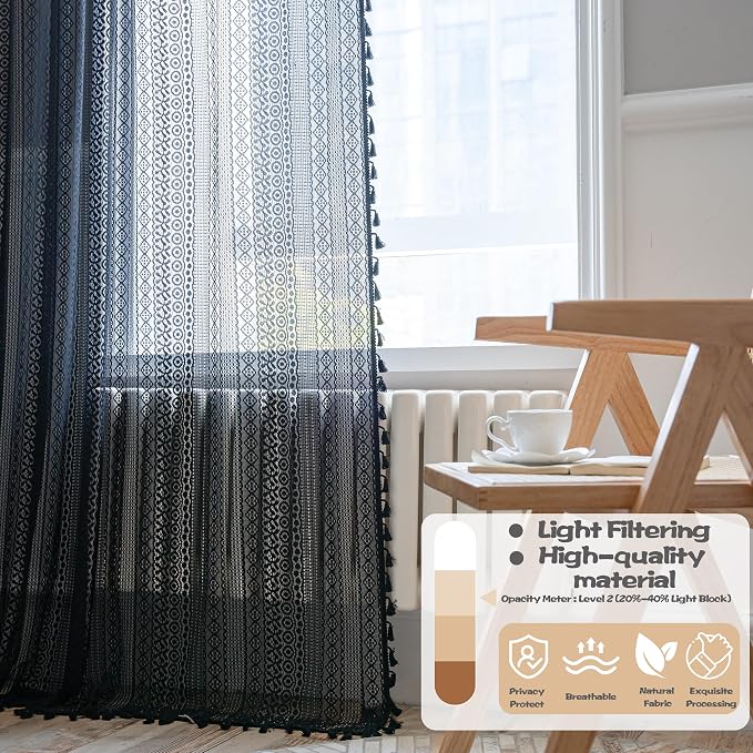 Sutuo Home Black Boho Curtain 84 Inches Length, Sheer Crochet Lace Handmade Tassels Knitted Window Treatment Vintage Rustic Bohemian Farmhouse Drape for Bedroom Rod Pocket 1 Panel 59" W x 84" L