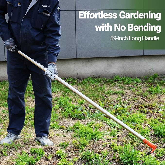 59 Inch One-Piece Handle 2-in-1 Garden Hoe and Weed Puller Tool | Weeding Tool Weed Rake Heavy Duty Spring Steel Head with Sand Texture Finish, Weed Remover for Garden, Yard, Lawn, Driveway