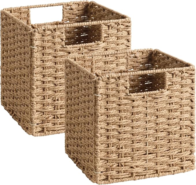 StorageWorks 9 inch Wicker Baskets for Storage, Square Baskets, Natural | 2-Pack, Paper Rope Wicker Storage Cubes,Handwoven Square Cube Organizer Bins,Foldable,Baskets for Organizing,9x9 storage cube